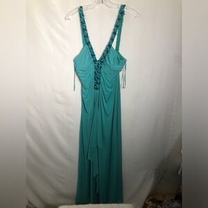 Womens Floor Length Teal Summer Dress with Embellishments. Size 12.